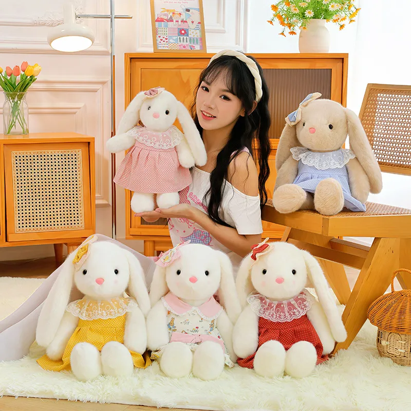 Cute Long-Eared Bunny Plush Doll in Floral Dress – Soft Stuffed Animal Toy for Girls, Huggable Rabbit Pillow Gift for Kids Birthday